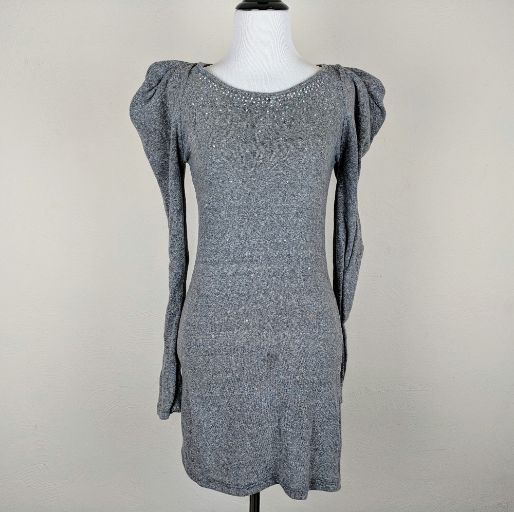 Romeo & Juliet Sweater Dress Rhinestones Gray Knit Puff Sleeves Glam Y2K